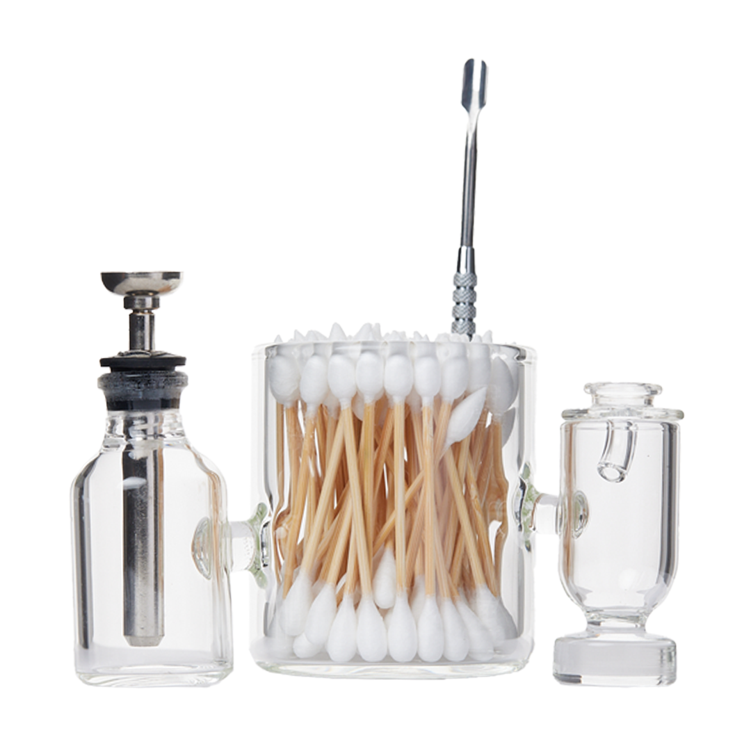 Apex Ancillary Iso Stations set with clear glass containers for bong cleaning