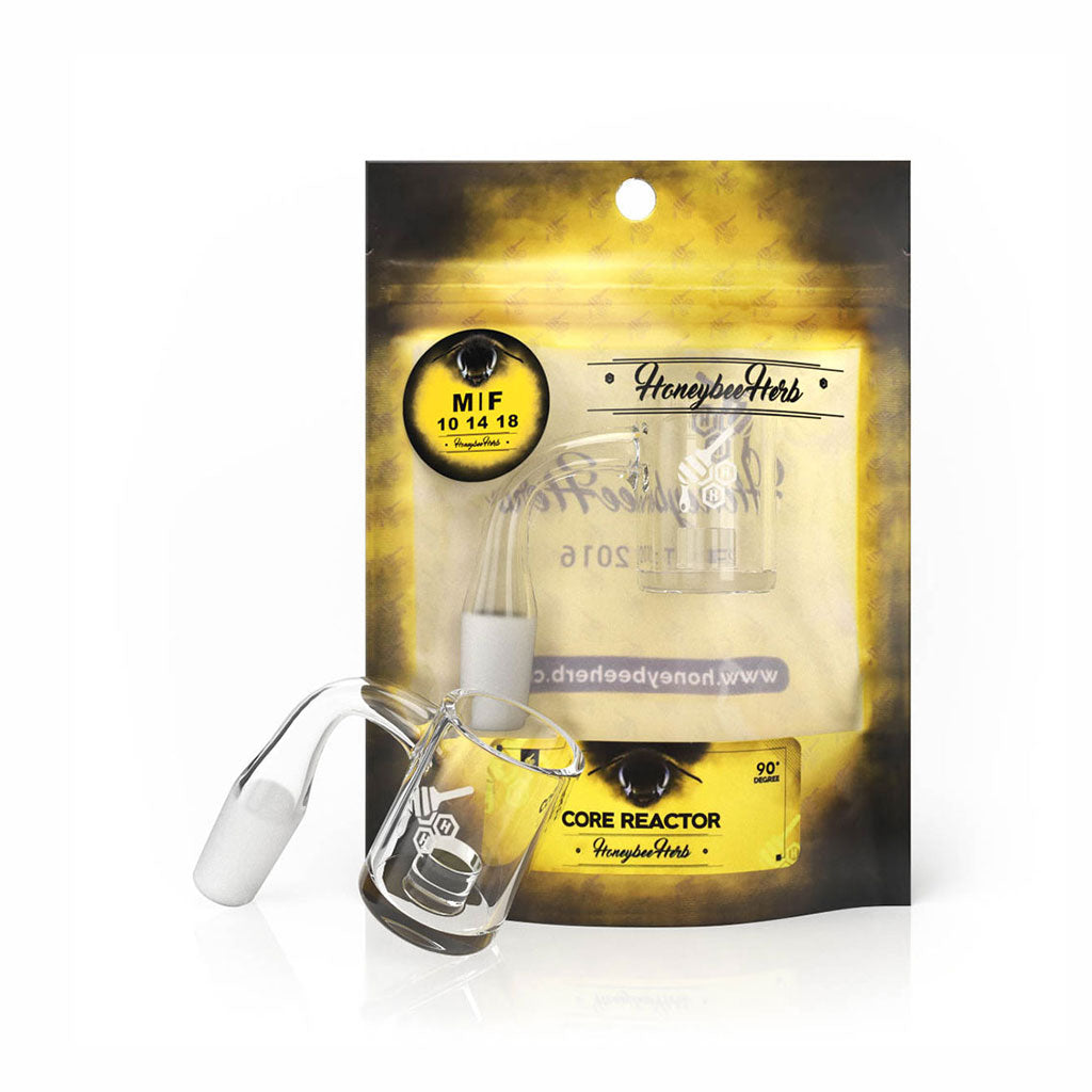 Honeybee Herb CORE REACTOR Quartz Banger at 90Β° angle, clear, for dab rigs, displayed on branded packaging