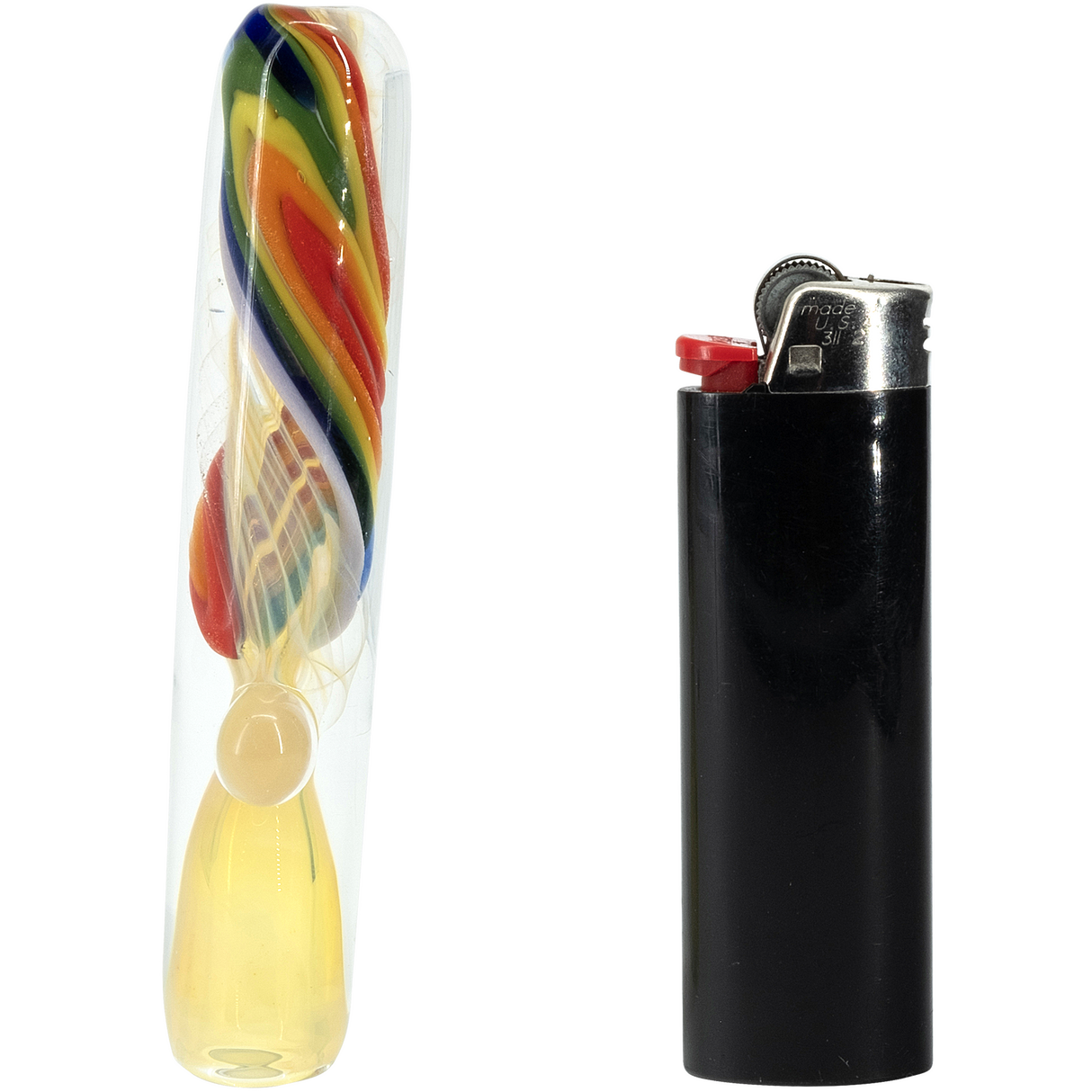 LA Pipes Rainbow Fume Chillum Pipe side view with a black lighter for scale