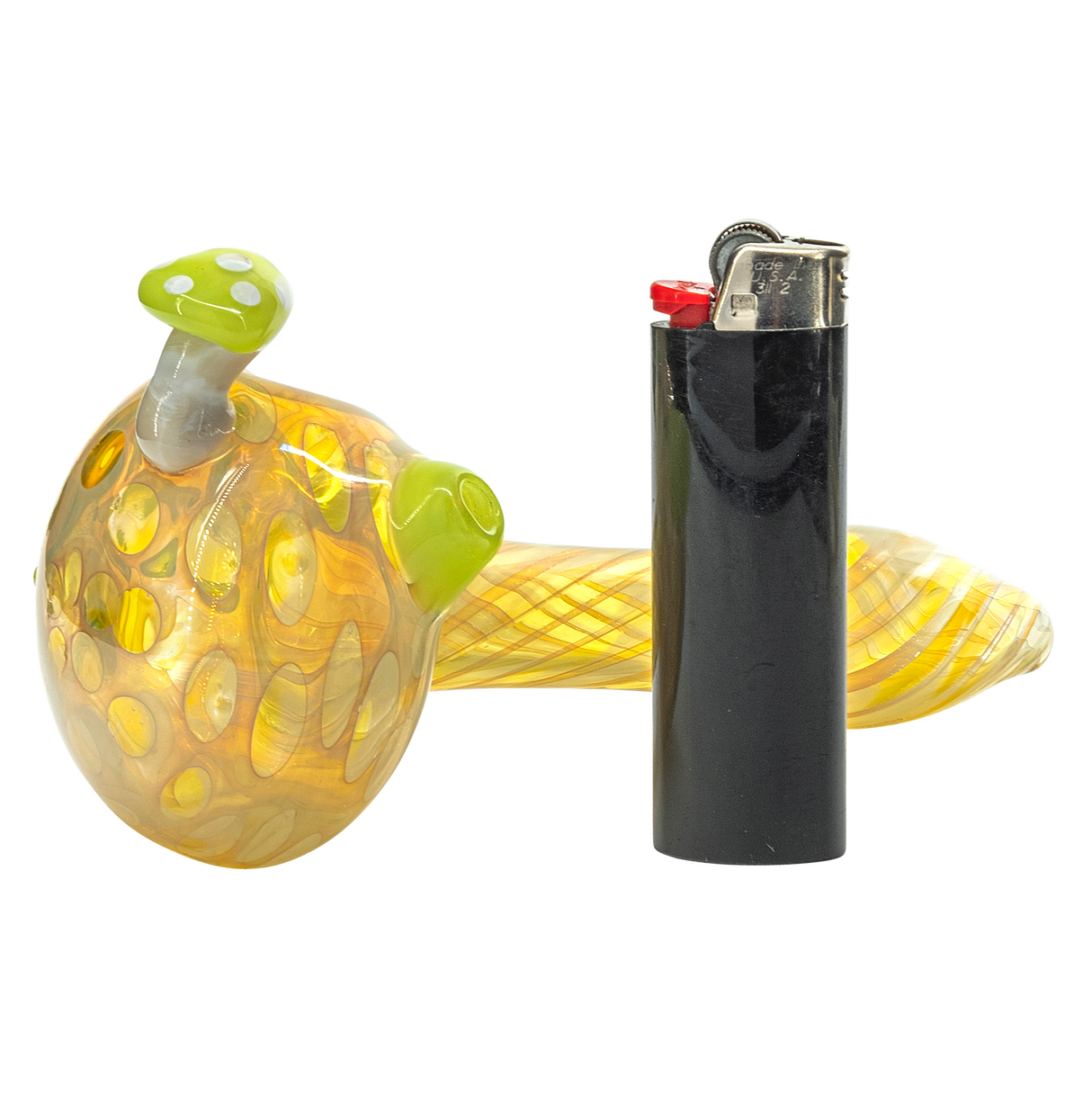 LA Pipes "Shrooming" Mushroom Head Color-Changing Spoon Pipe side view with lighter for scale