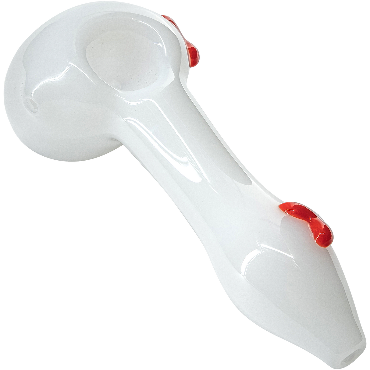 LA Pipes "Drooping Hearts" Spoon with red accents on solid white borosilicate glass, top view