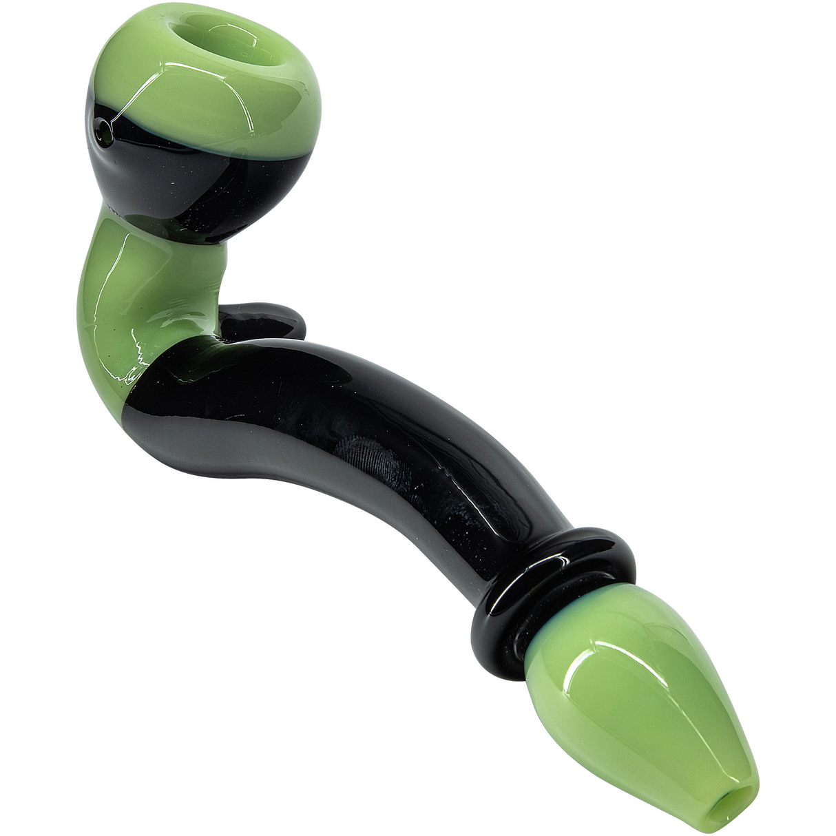 LA Pipes "Alien Locks" Green n Black Sherlock Pipe, Borosilicate Glass, Angled View