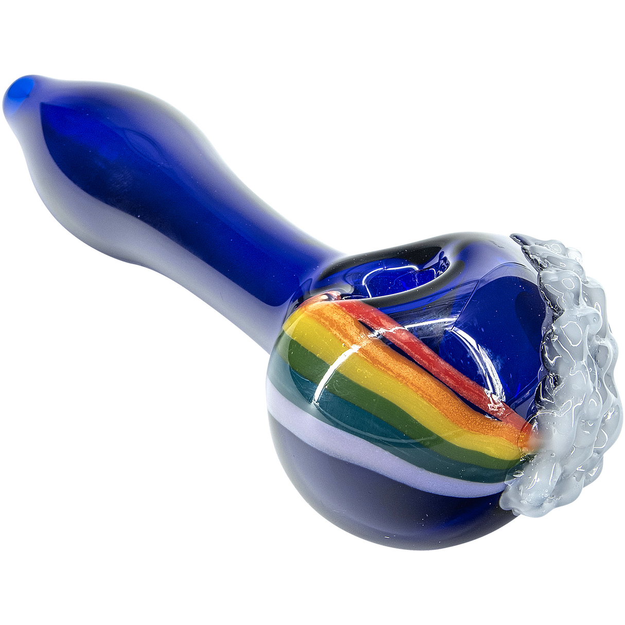 LA Pipes Cobalt Blue Glass Pipe with Rainbow Stripe and Cloud Design - Side View