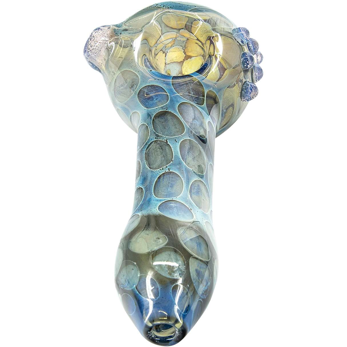 LA Pipes "Speckeled Moon" Silver Fumed Cobalt Spoon Pipe, Top View with Intricate Design