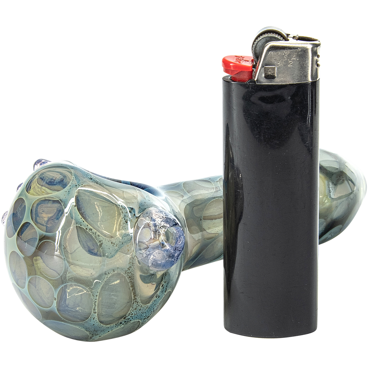 LA Pipes "Speckled Moon" Silver Fumed Cobalt Spoon Pipe with Lighter, Side View