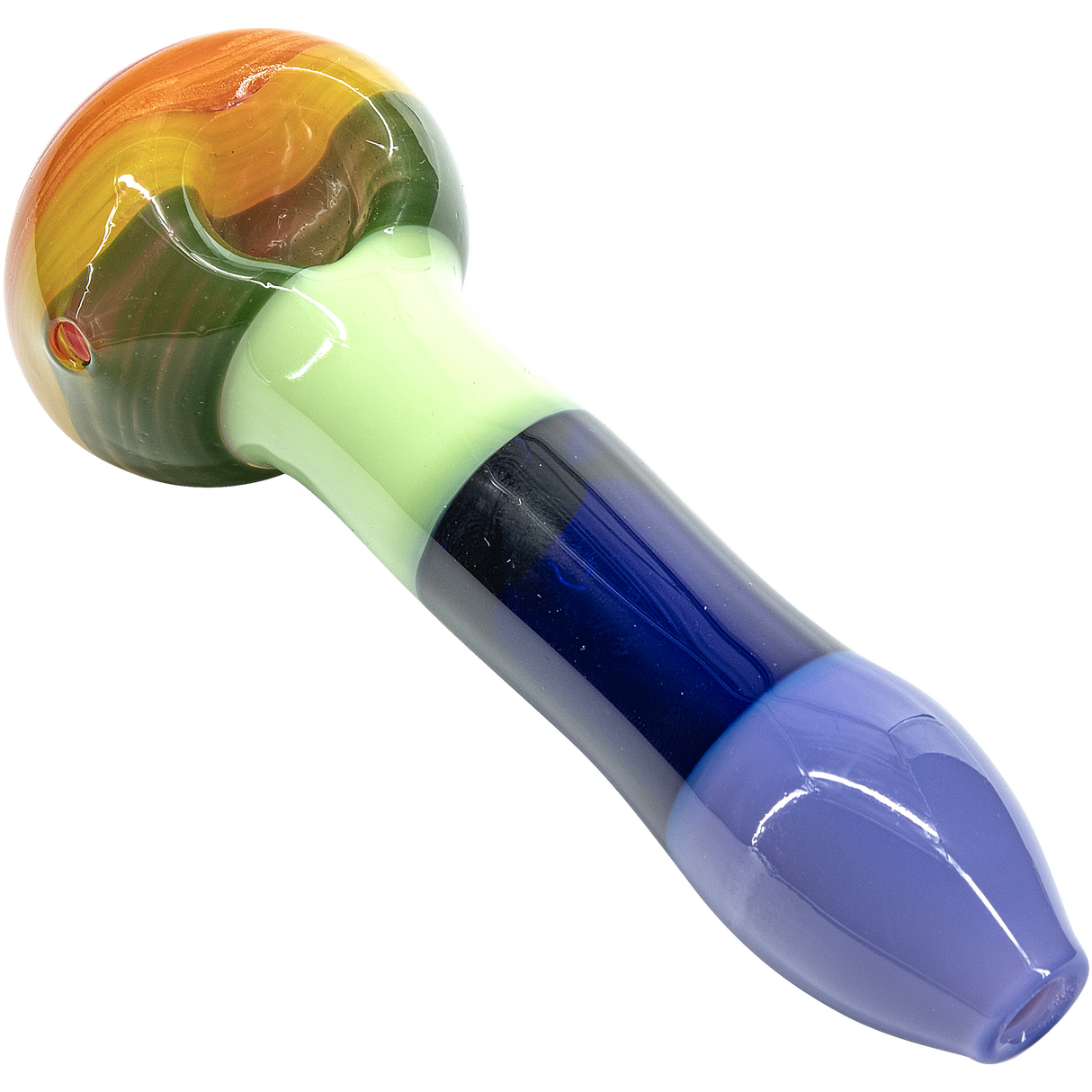 LA Pipes "Hard Candy" Rainbow Spoon Glass Pipe, durable borosilicate, angled side view