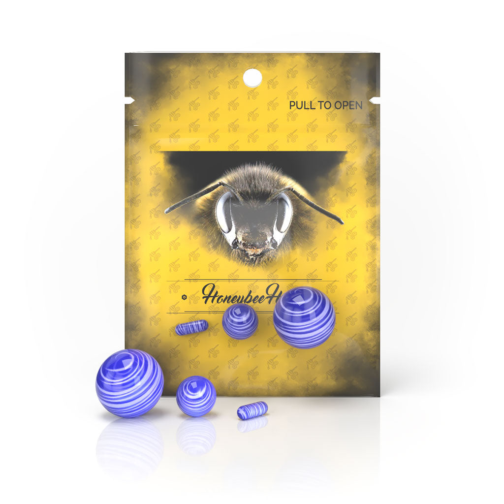 Honeybee Herb Dab Marble Sets in blue, perfect for enhancing dab rig airflow, front view on branded packaging
