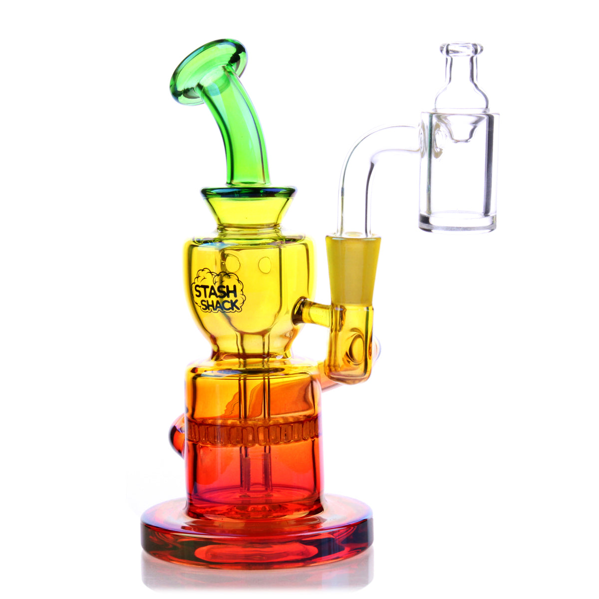 Dahlia Mini Rig by The Stash Shack, Rasta Color, Honeycomb Percolator, 5.5" Tall, Front View