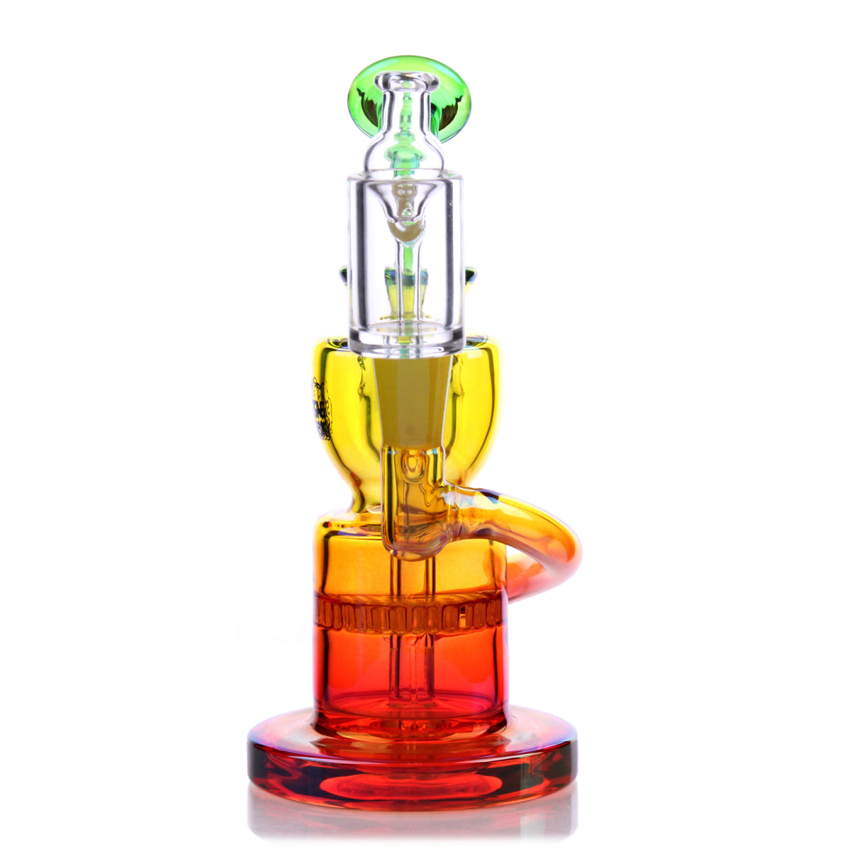 Dahlia Mini Rig in Rasta colors, 5.5" tall with honeycomb percolator, 90-degree joint, front view