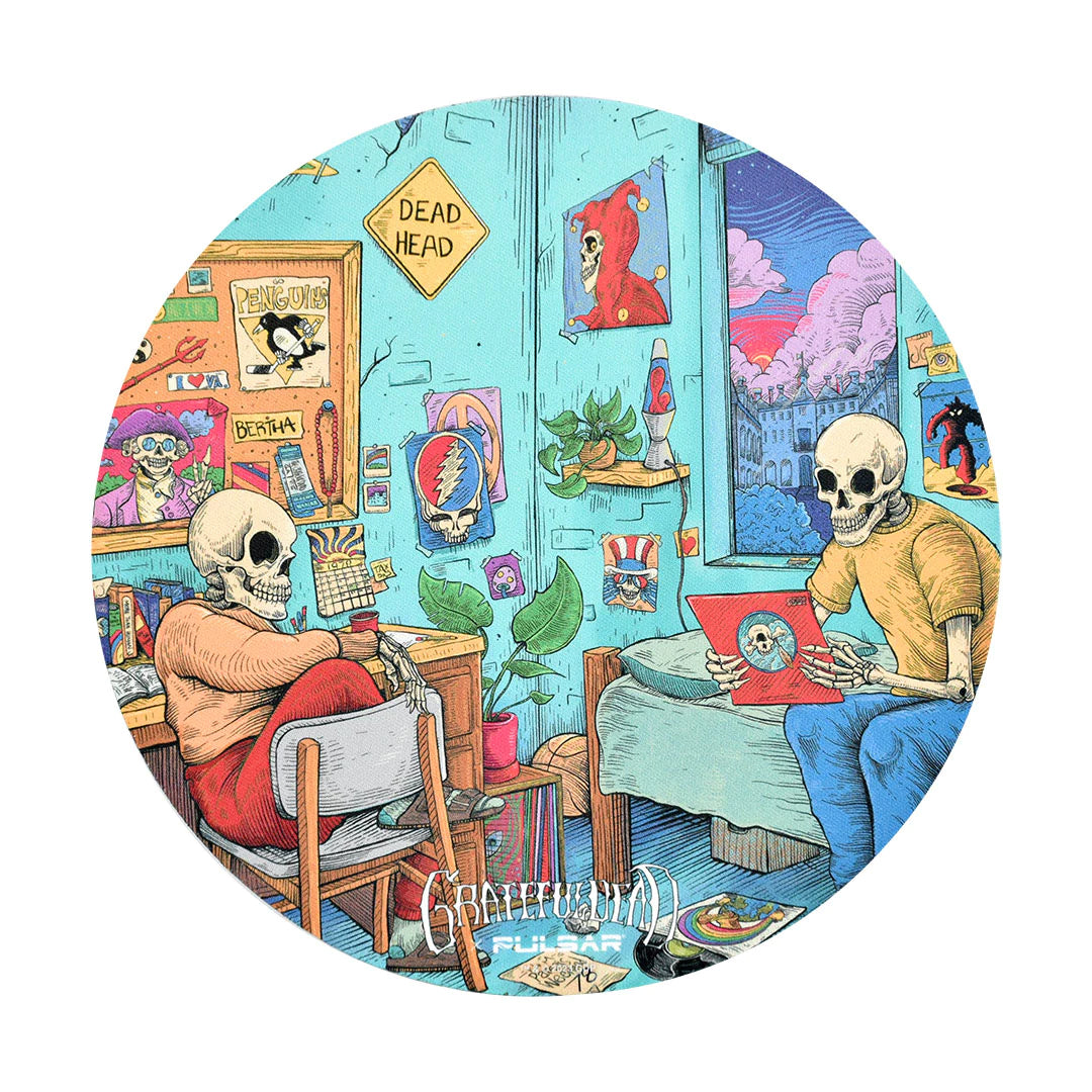 Grateful Dead themed round vinyl dab mat with vibrant skeleton artwork, ideal for home decor