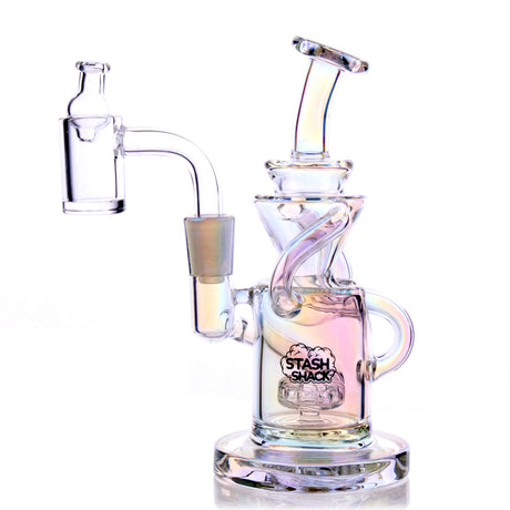 Desert Rose Mini Rig by The Stash Shack with a rainbow sheen, showerhead percolator, and 90-degree banger hanger.