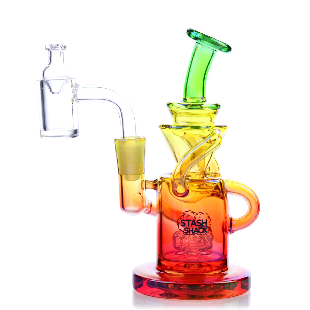 Desert Rose Mini Rig by The Stash Shack, side view, with vibrant rainbow colors and a showerhead percolator