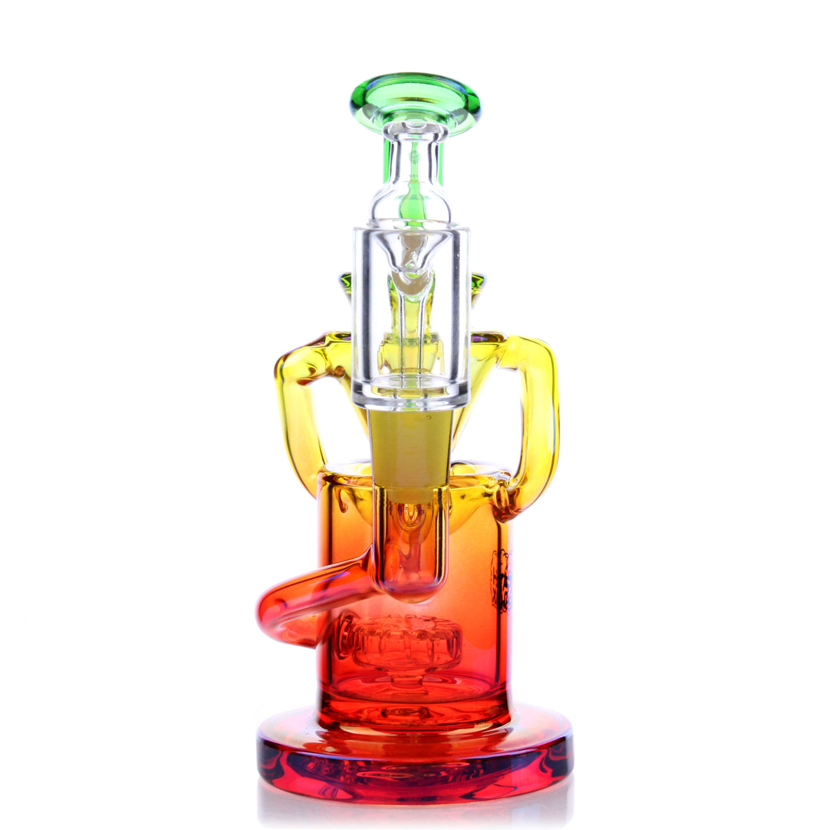 Desert Rose Mini Rig in vibrant rainbow colors with a showerhead percolator, side view on white background