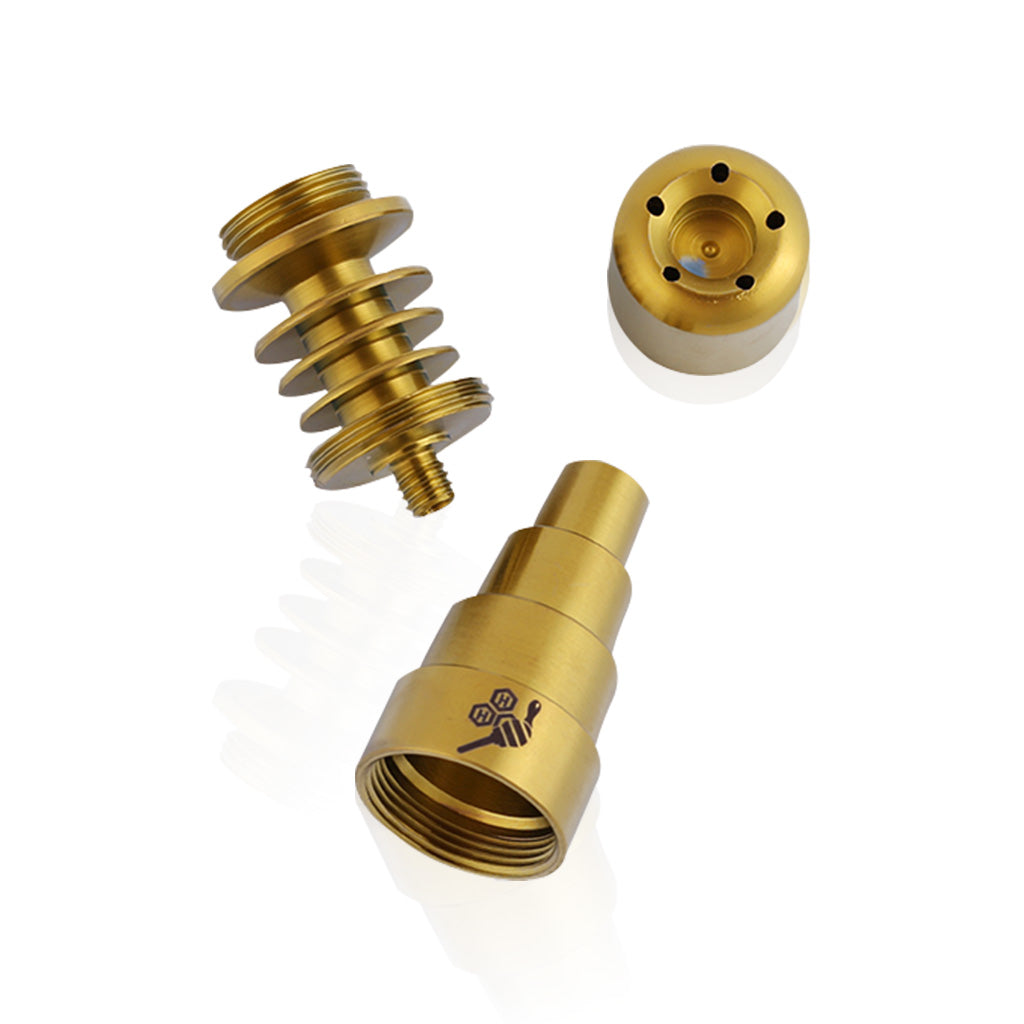 Honeybee Herb Titanium 6-in-1 Skillet E-Nail Dab Nail in Gold, Top and Side Views