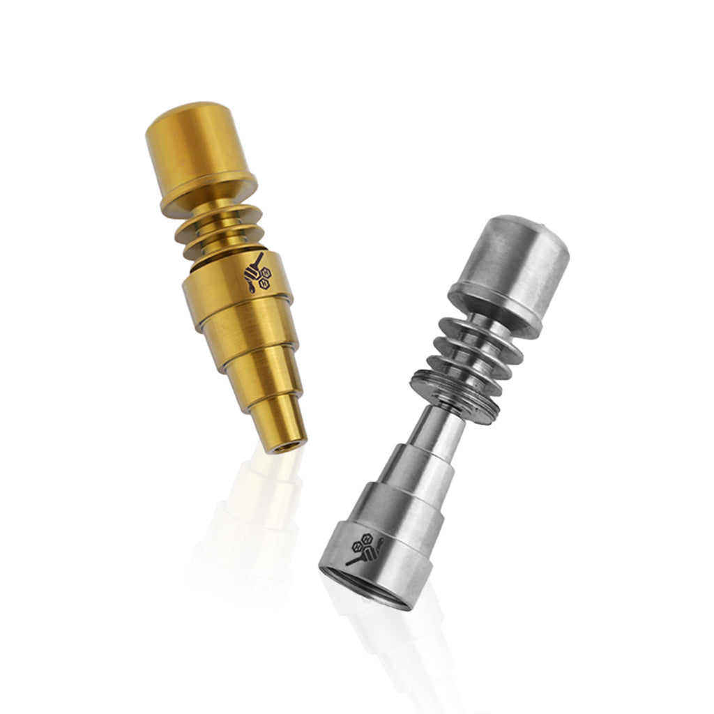 Honeybee Herb Titanium 6-in-1 Skillet E-Nail Dab Nail in Gold and Silver variants, angled view