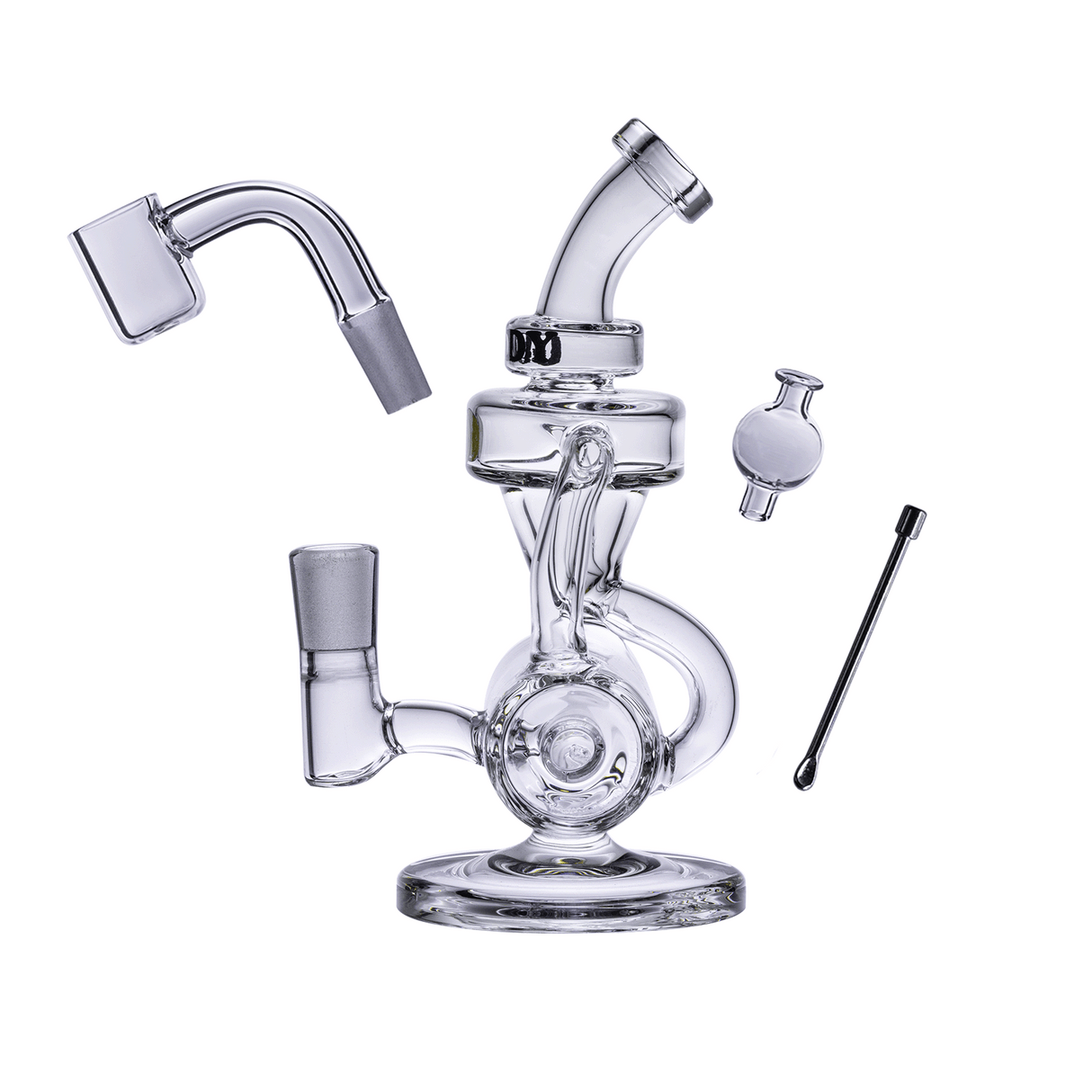 Goody Glass Drummer Boy Mini Dab Rig Kit, clear variant with quartz banger, glass cap, and dab tool