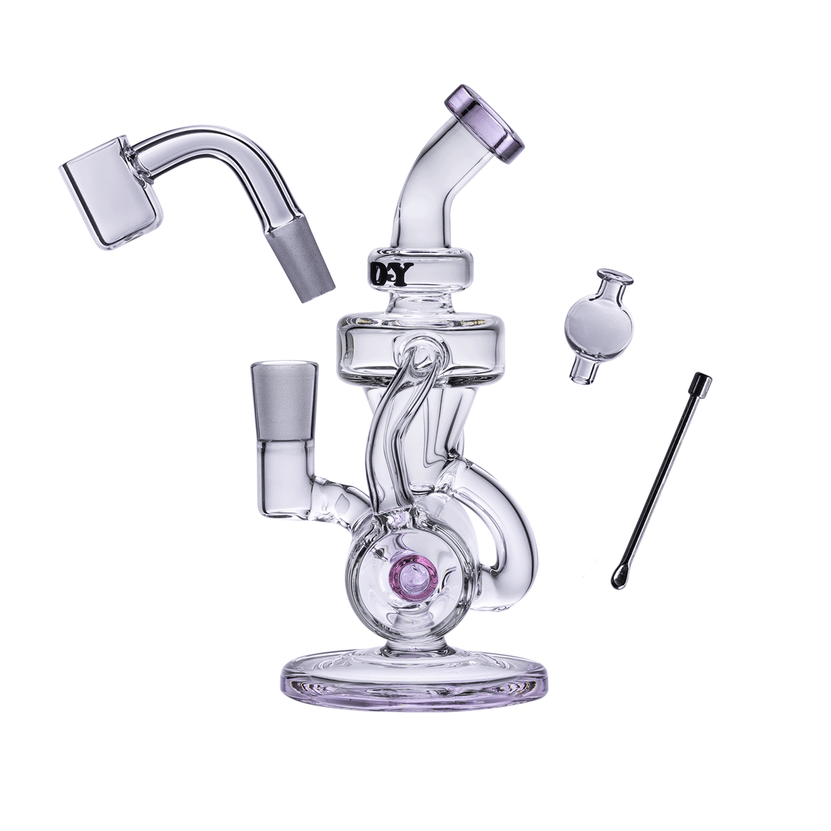 Goody Glass Drummer Boy Mini Dab Rig in Pink with Quartz Banger, Front View