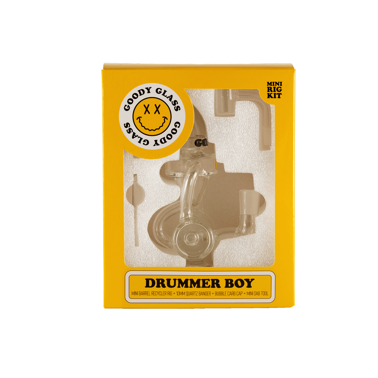 Goody Glass Drummer Boy Mini Dab Rig Kit with Accessories on Yellow Background