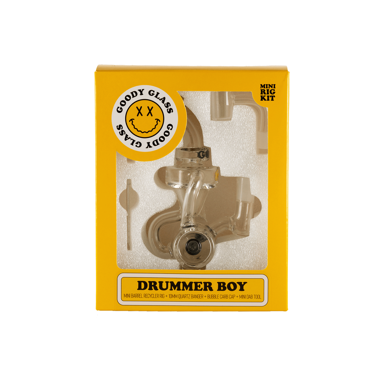 Goody Glass Drummer Boy Mini Dab Rig Kit in box with dab tool, front view