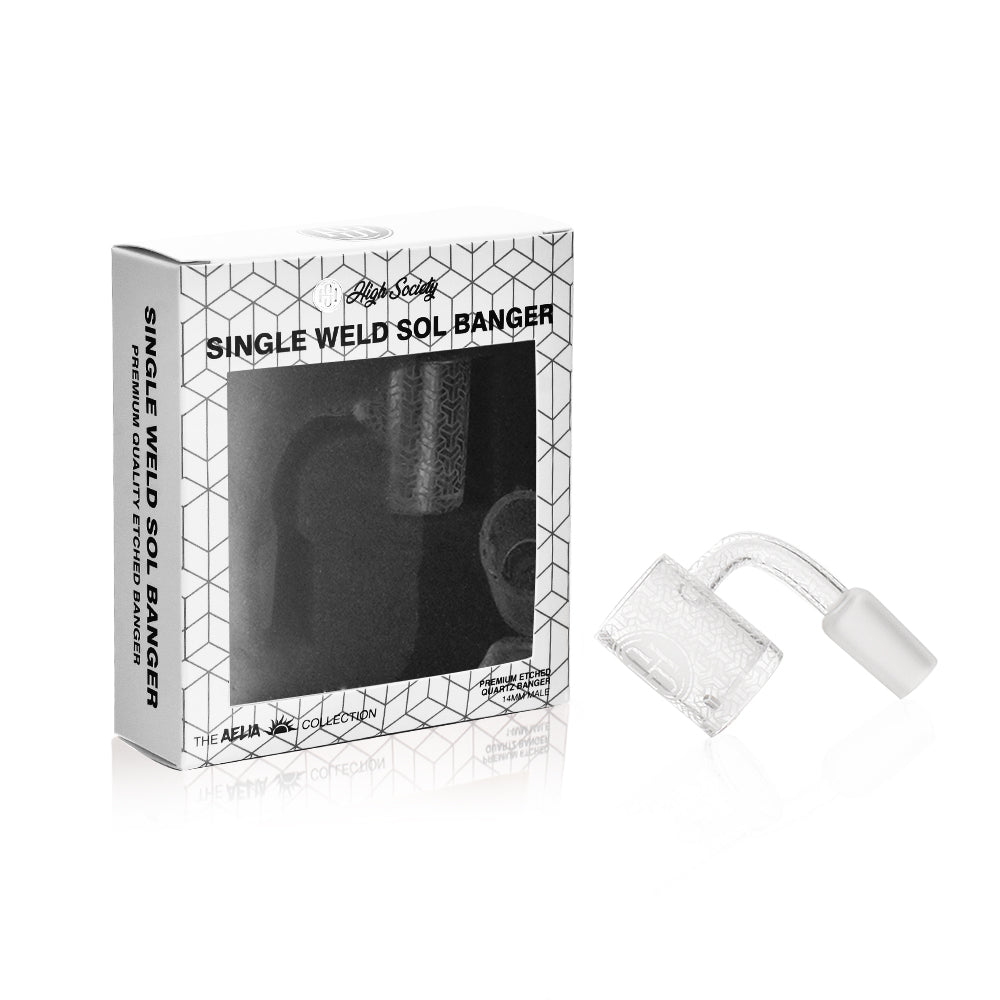 High Society Sol Single Weld Etched Quartz Banger next to its box