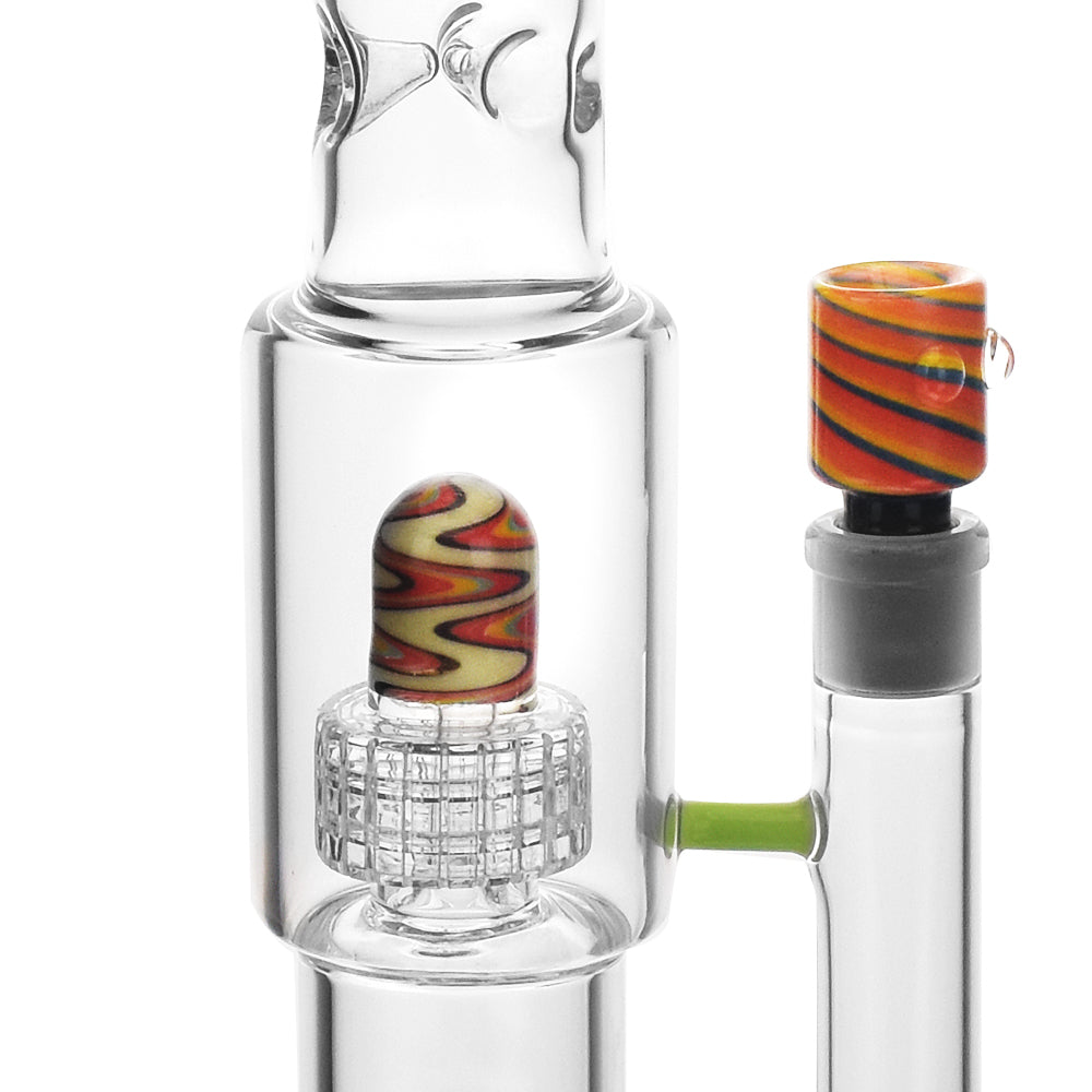 Close-up of High Society Gemini Green Wig Wag Waterpipe with Intricate Glasswork