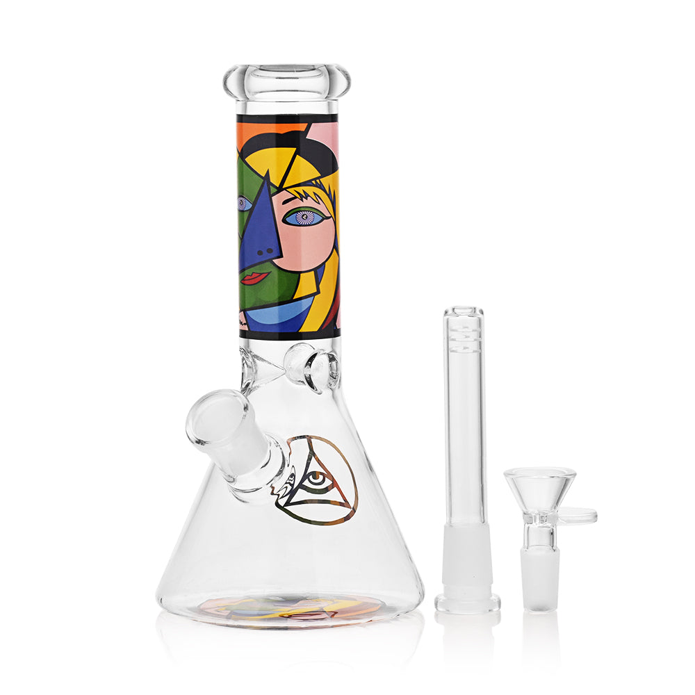 Ritual Smoke Atomic Pop 8" Beaker Bong with Blue Eyes Artwork - Borosilicate Glass - Front View