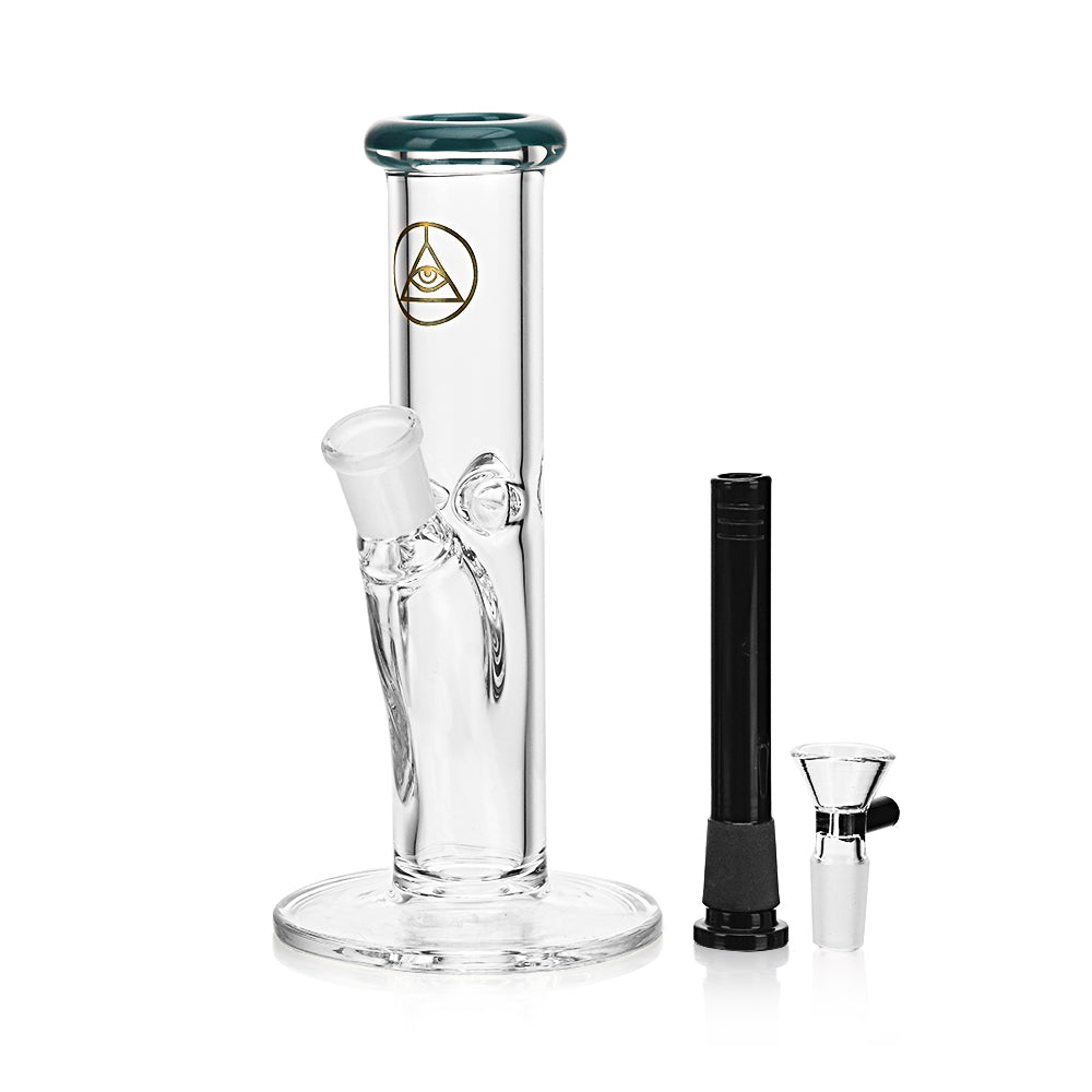 Ritual Smoke 8" Straight Tube Bong with Turquoise Accents and Black Lighter - Front View