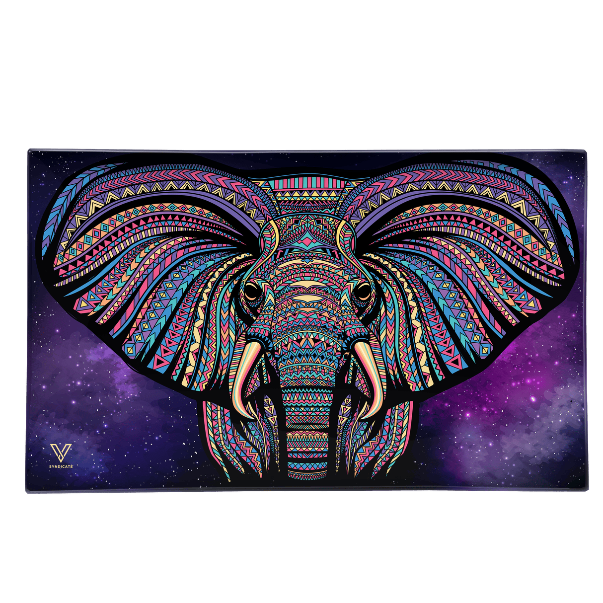 V Syndicate Elephant Glass Rollin' Tray with cosmic design, medium size, perfect for dry herbs