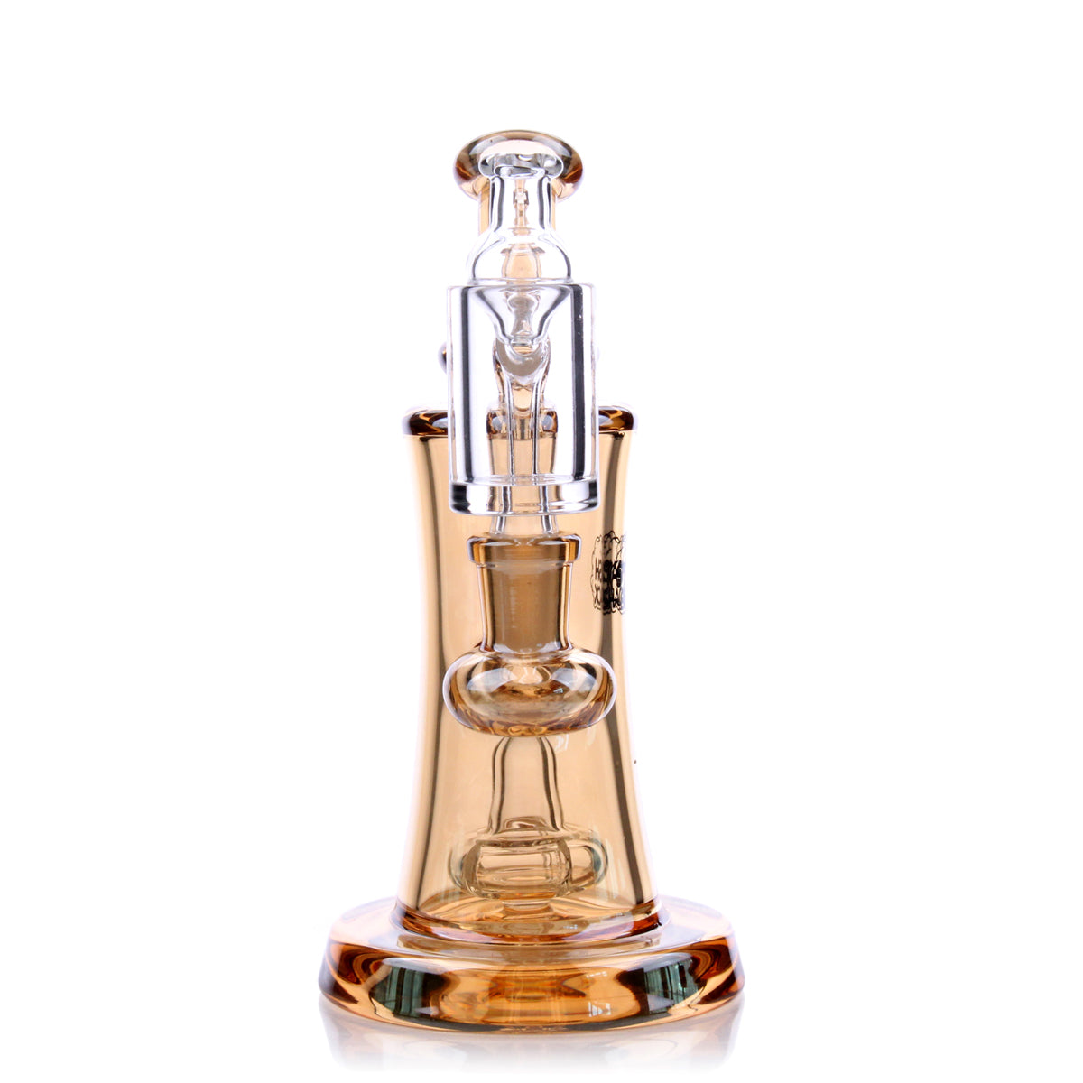 Elysian Mini Rig in gold borosilicate glass, 5.5" banger hanger design, front view on white background