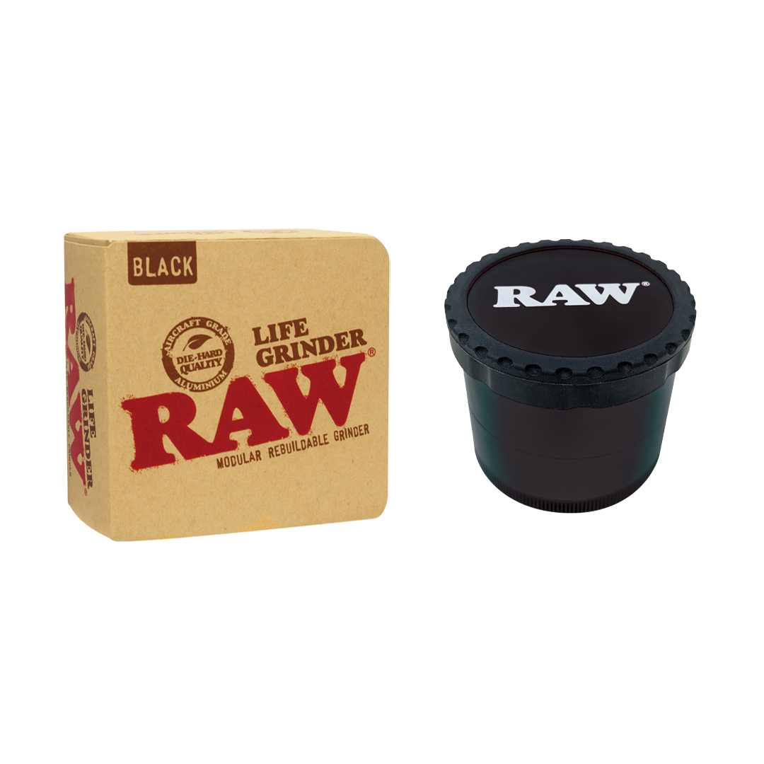 RAW Modular Life Grinder 4-Piece in Black with Cleaning Tool and Packaging