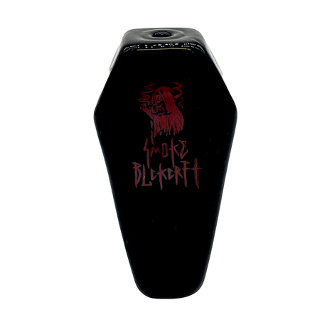 BlackCraft Cult Coffin Glass Pipe 4.5" Gothic Hand Pipe - Front View with Gothic Lettering