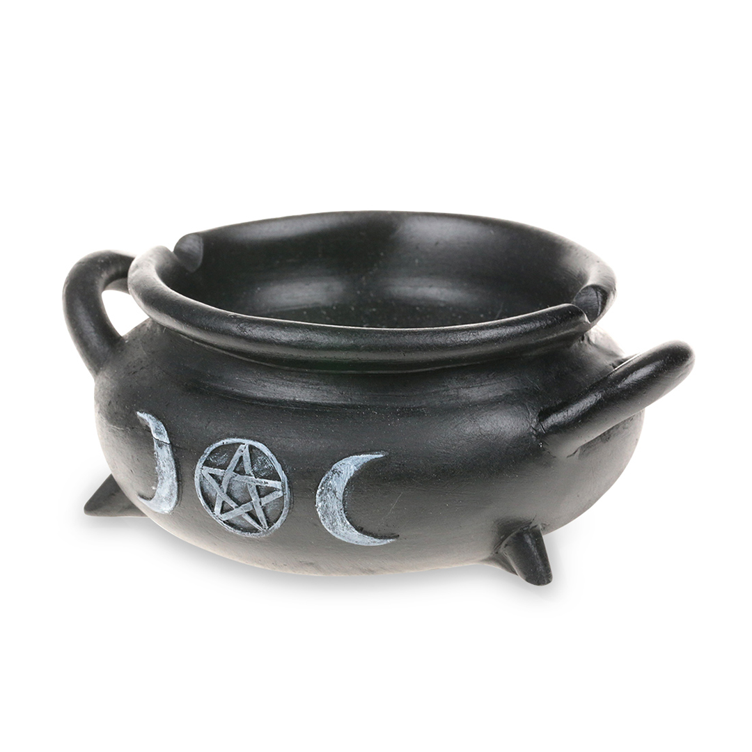 Fantasy Polyresin Cauldron Incense Stick Burner with Pentacle and Moon Designs, Front View