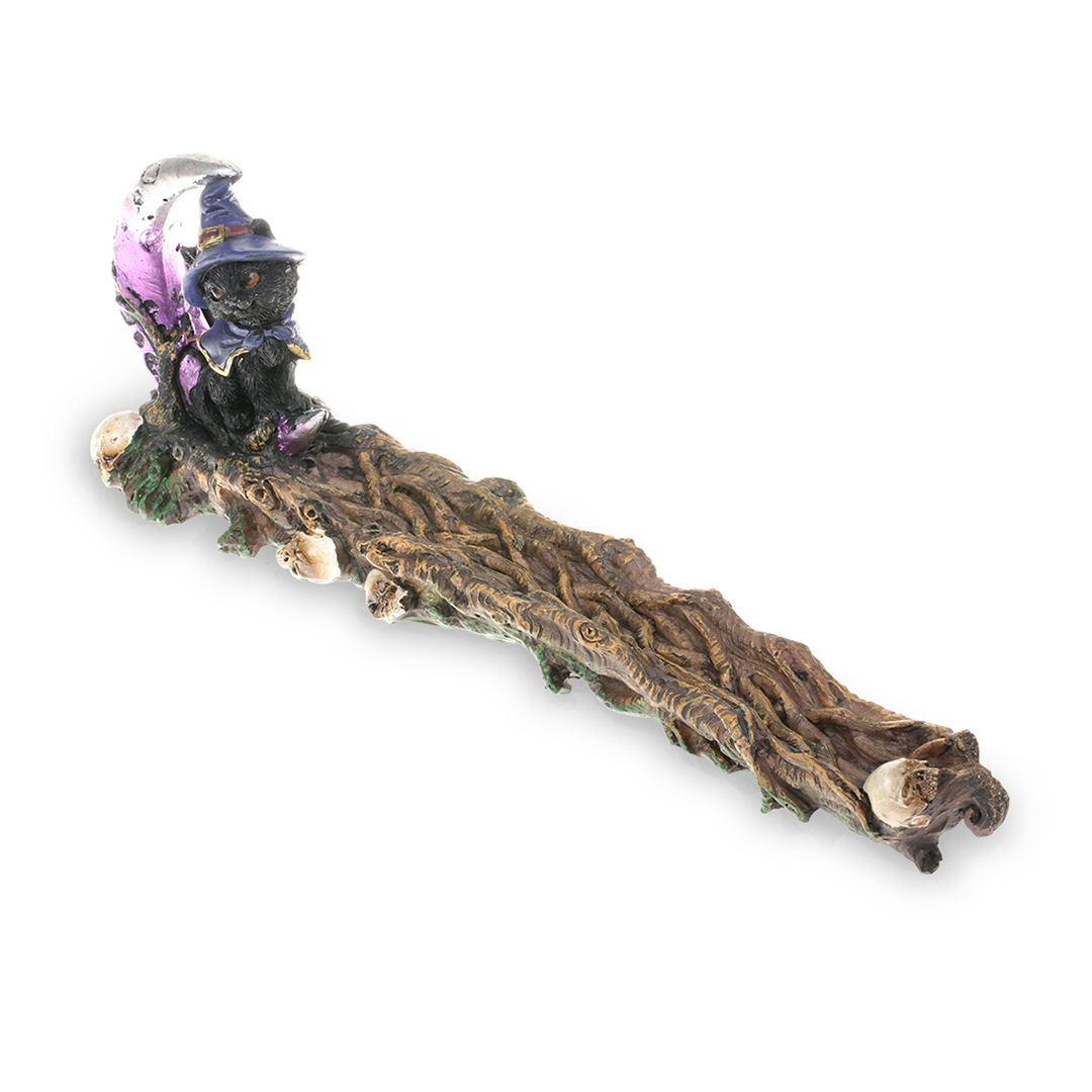 Fantasy Magical Cat Incense Stick Burner, Polyresin, Side View on White Background