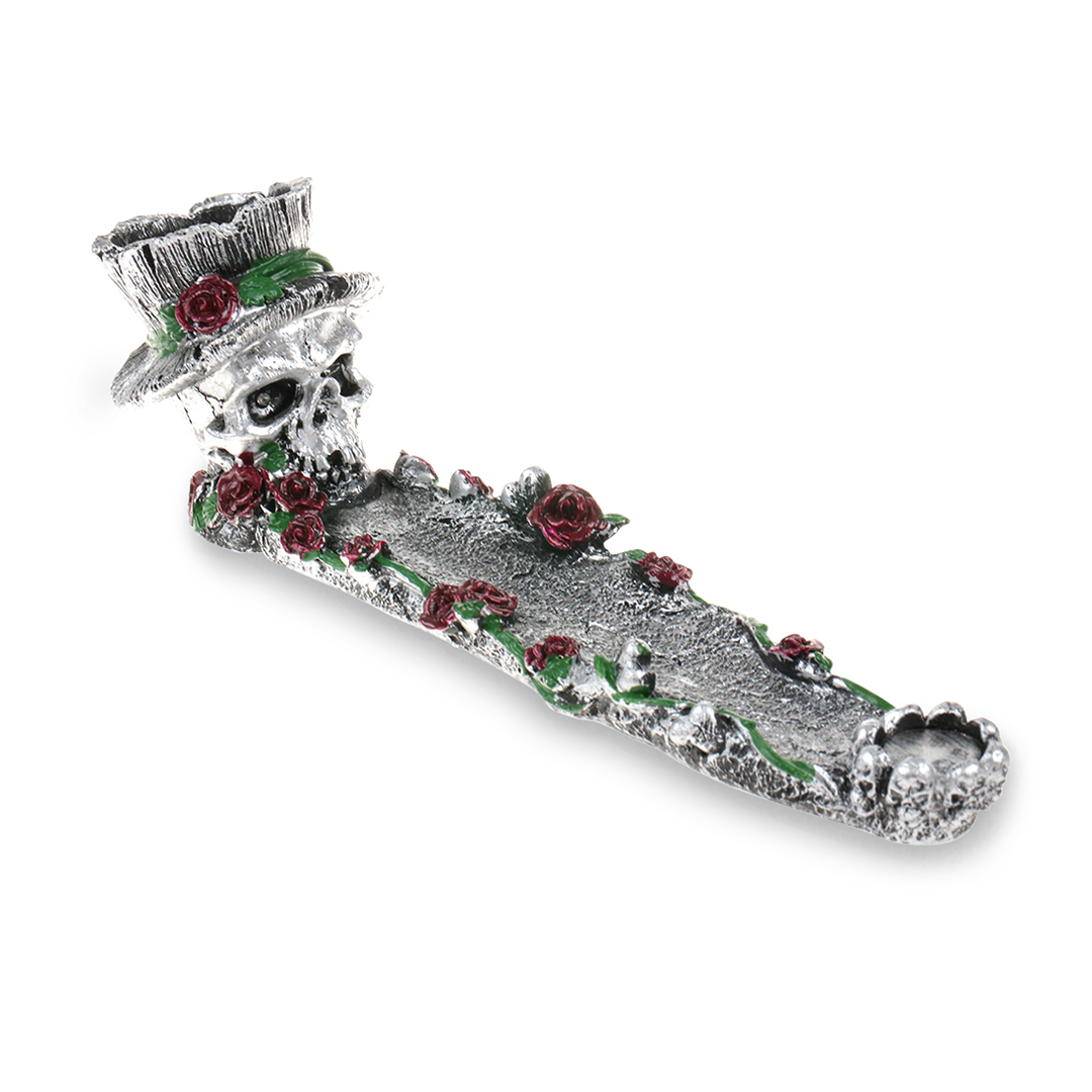 Fantasy Polyresin Incense Stick Burner, Skull Roses Design, Top View