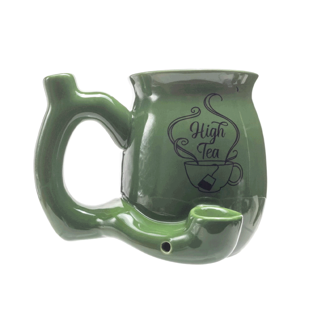 Fantasy Ceramic Mug Pipe in green with 'High Tea' design, angled side view