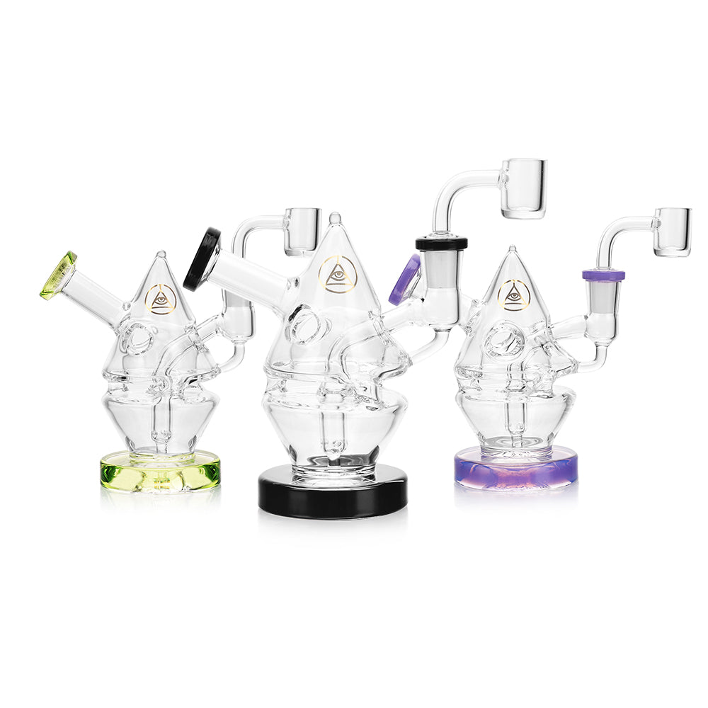 Ritual Smoke Water Bender Fab Cone Rigs in Lime Green, Black, and Purple - Front View