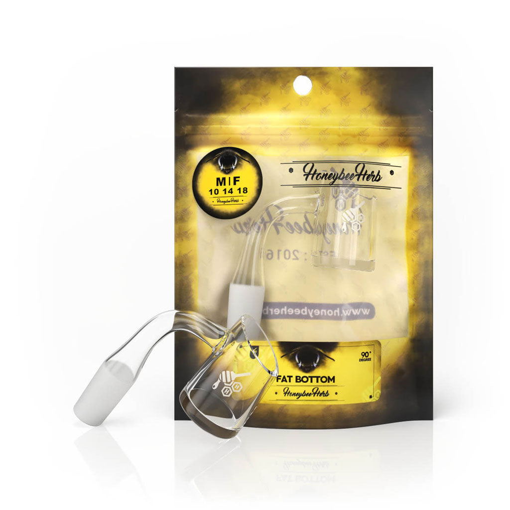 Honeybee Herb FAT BOTTOM QUARTZ BANGER 90Β° Degree, Clear Quartz, Front View on Packaging