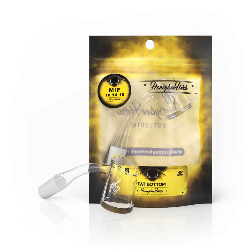 HoneybeeHerb FAT BOTTOM QUARTZ BANGER at 45Β° angle, clear view on retail packaging