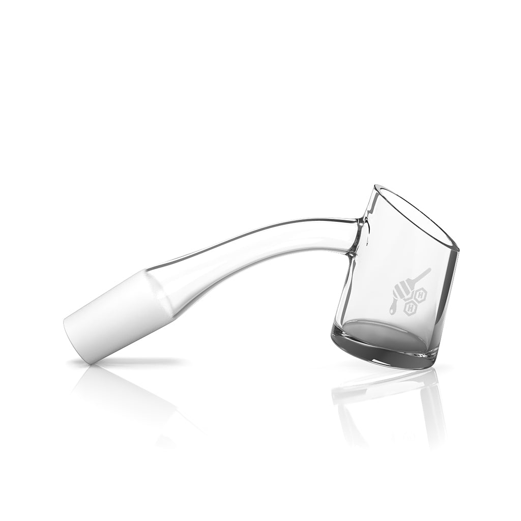HoneybeeHerb FAT BOTTOM QUARTZ BANGER at 45Β° angle, clear with etched logo, side view on white