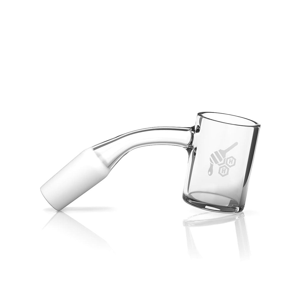 Honeybee Herb Flat Top Quartz Banger at 45Β° angle, clear, for dab rigs, side view on white background