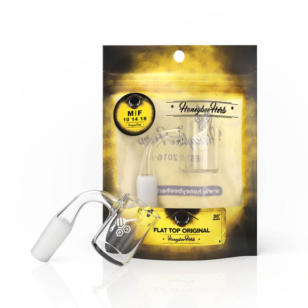 Honeybee Herb Flat Top Original Quartz Banger at 90Β° angle, clear, for dab rigs, on branded package