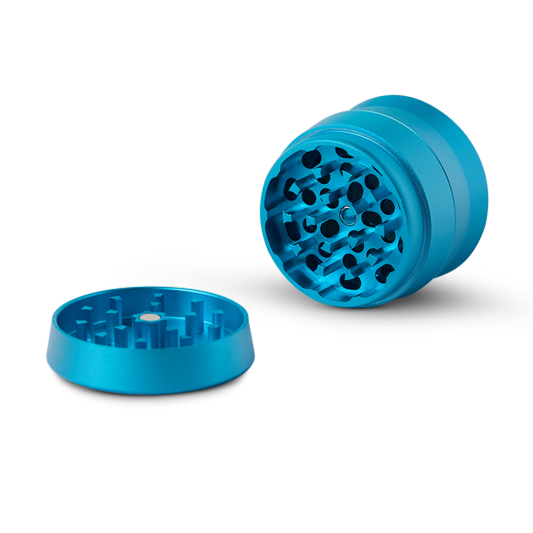 Human Grade Grinder 3A 2" 4-Piece in Blue - Angled View with Open Chamber