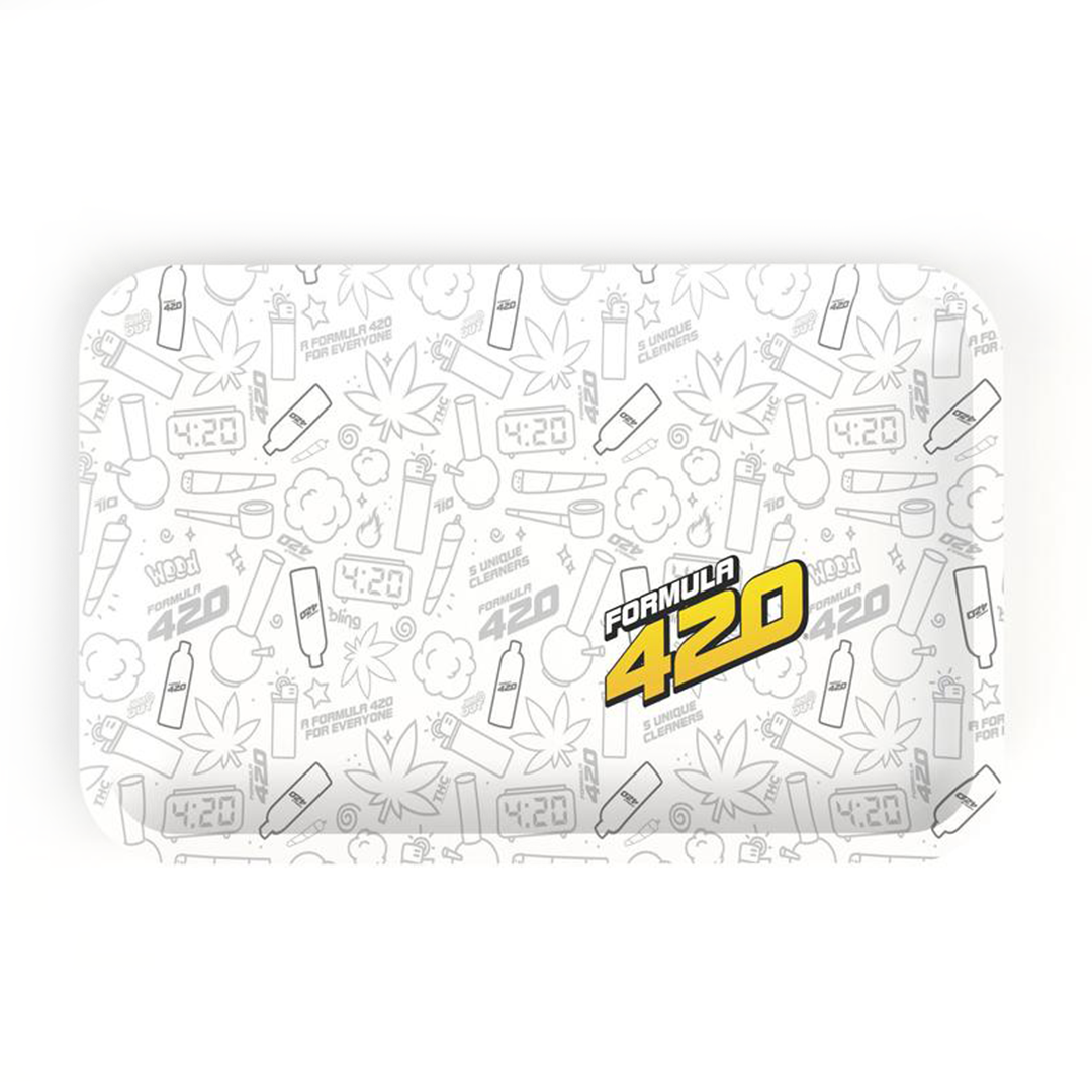 Formula 420 Cleaning Kit on white rolling tray with branded icons, top view