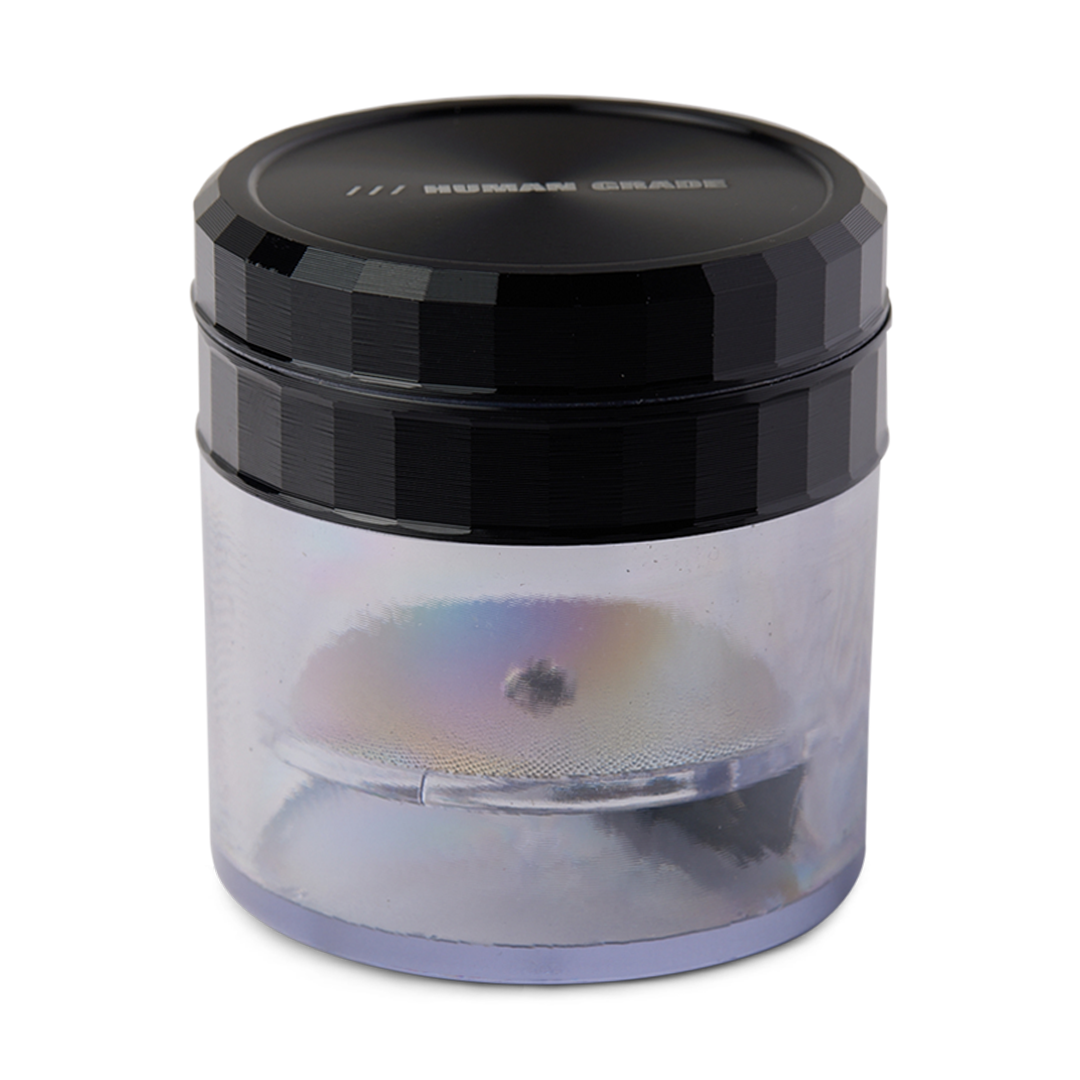 Human Grade Storage Grinder 1A in Black, 2.5" with Transparent Chamber - Angled View