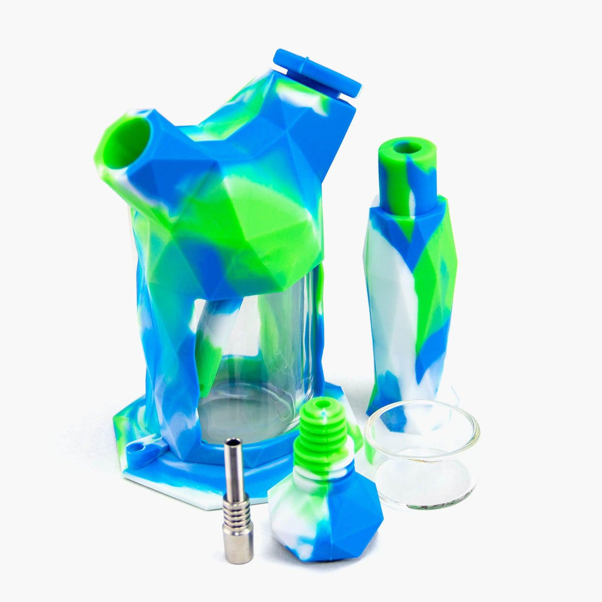 PILOT DIARY Gemini 2-IN-1 Silicone Waterpipe in Blue and Green, Front View with Accessories