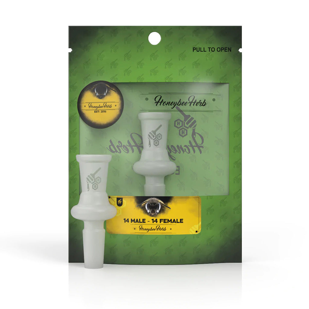 Honeybee Herb Glass Converter Adapter, 14 Male to 14 Female, Frosted Finish, Front View on Packaging