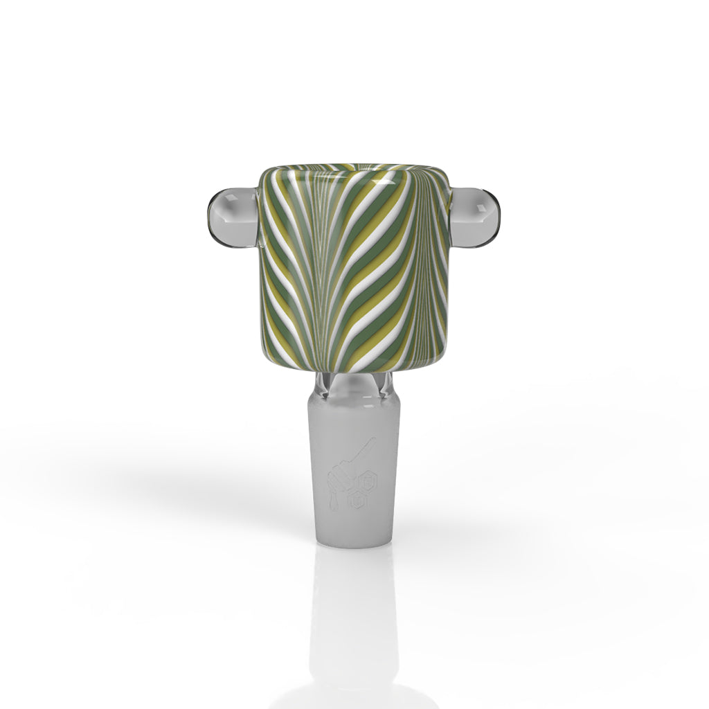Honeybee Herb Glass Flower Bowl FB-9 with green swirl design, front view on white background