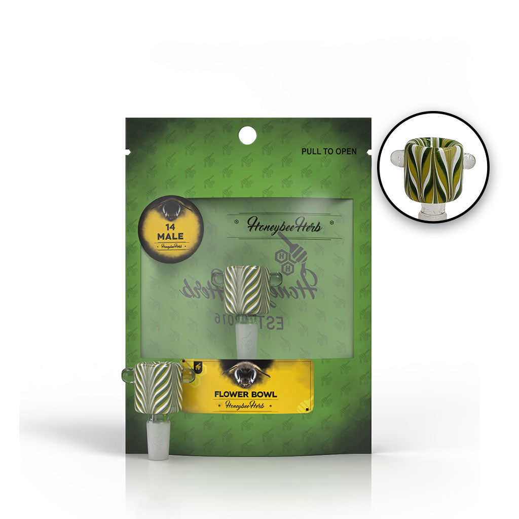 Honeybee Herb Glass Flower Bowl FB-9 with striped design, front view on retail packaging