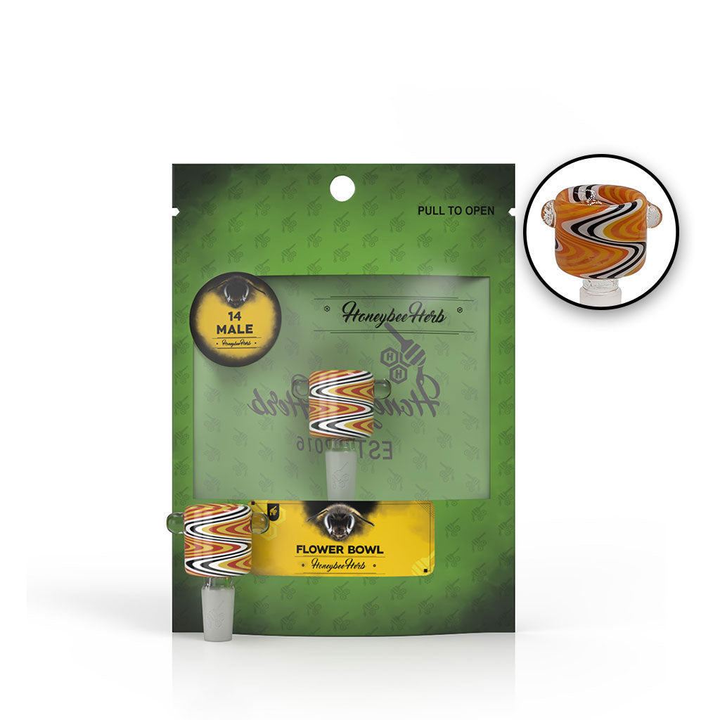 Honeybee Herb Glass Flower Bowl with Swirl Design - 14mm Male Joint - Front Packaging View