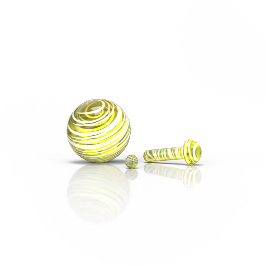 Honeybee Herb Glass Mushroom Pillar Terp Set for Dab Rigs, Yellow Striped, Front View